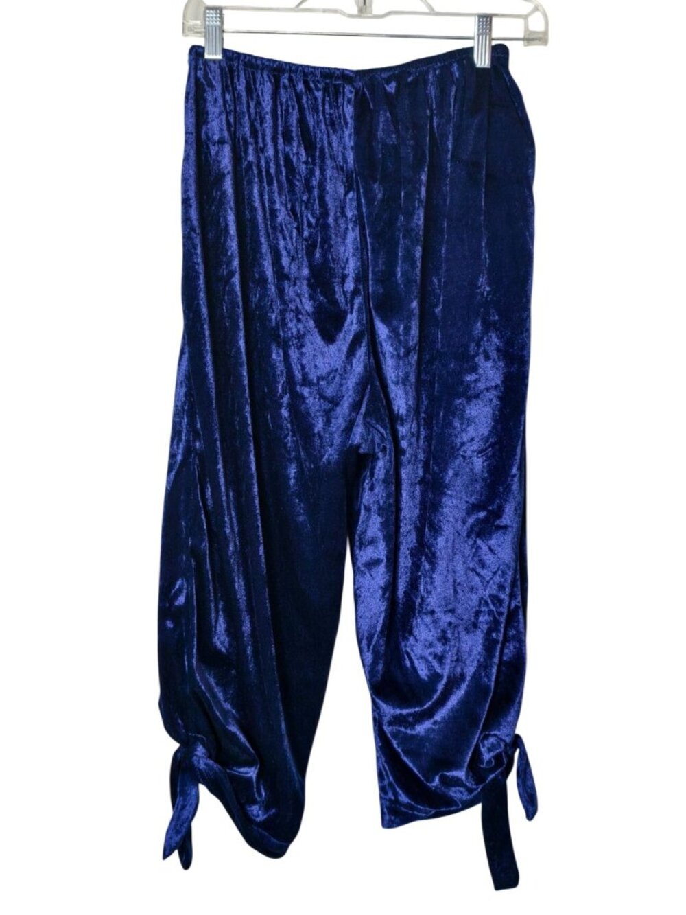 Womens M Crop Velvet Pants Blue Side Ties Elastic Preppy Hip Hop Chic Fashion US